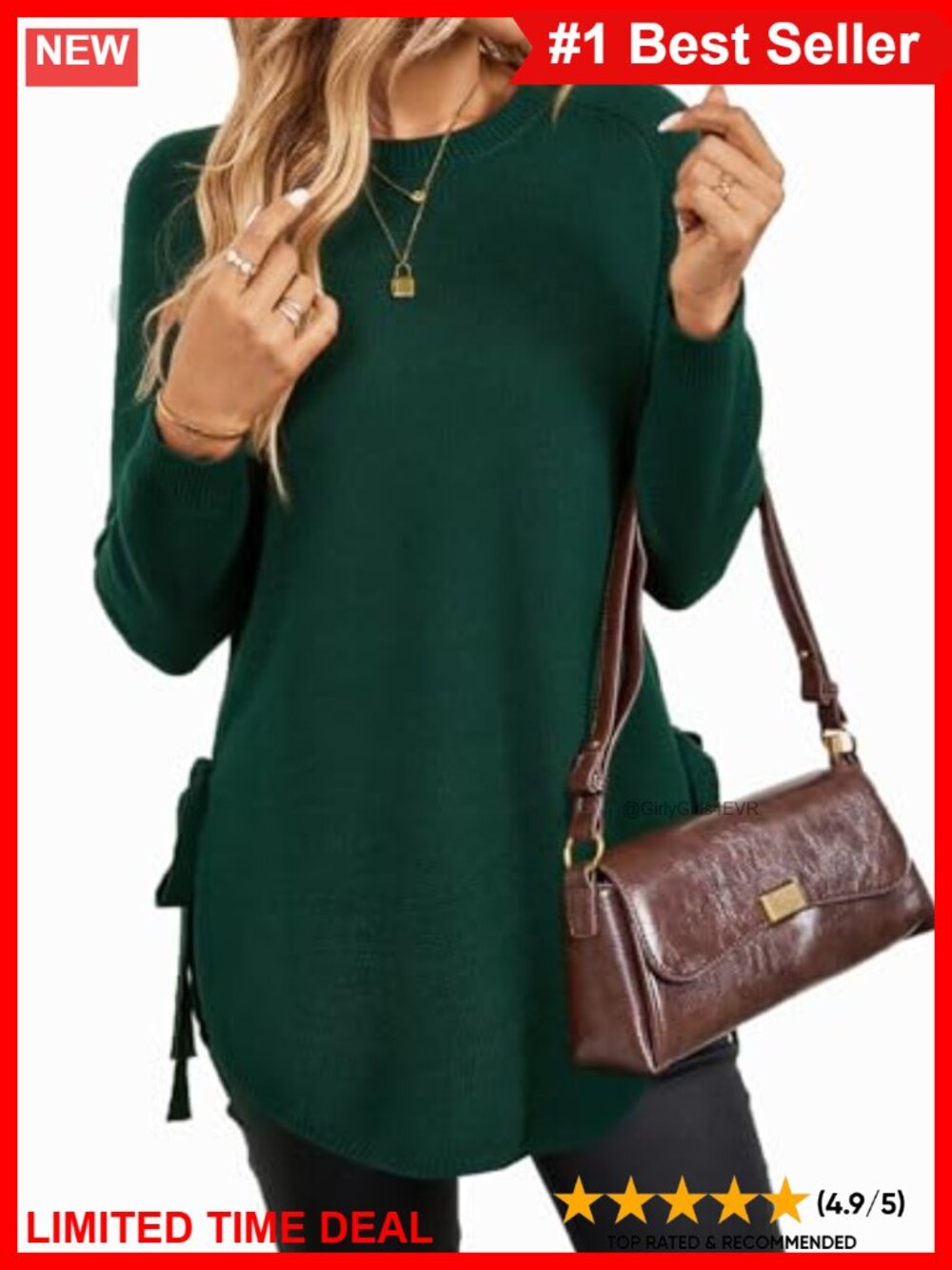 Womens Tunic Sweater Long Sleeve Crewneck Bow Tie Side Slit Pullover
